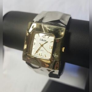 Eikon Gold Silver Tone Quartz Stainless Steel Case Cuff Watch